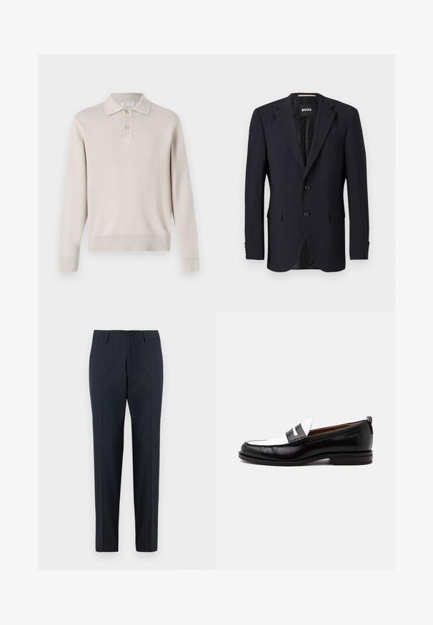Marineblauer Blazer aus strukturiertem Stoff, mit einer Zwei-Knopf-Verschluss, Reverskragen und zwei vorderen Taschen. Gefüttertes Innenfutter mit Muster.; Helles beiges Langarm-Polohemd aus weichem Material. Mit Kragen, Dreiknopf-Leiste sowie gerippten Bündchen und Saum.; DRYKORN AJEND - Chino - blue; Schwarz-weißer Lederloafer mit genähten Details, niedrigem Absatz und einem Slip-On-Design, seitlich auf neutralem Hintergrund gezeigt.