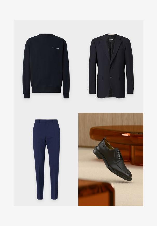 Marineblå blazer lavet af tekstureret stof, med en to-knaps lukning, klippede revers og to frontlommer. Foring med mønster.; Mørkeblå sweatshirt lavet af bomuld. Har en rund halsudskæring, lange ærmer og to små hvide mærke-logoer på den øverste venstre bryst.; Marineblå skræddersyede bukser med slim fit, der har en glat tekstur, flad front og indgangspartier. Ingen synlige lommer eller udsmykninger.; Sort lædersko med snørebånd og tekstureret front, svævende over beige tæppe i et moderne rum med møbler i ravfarvet toning.