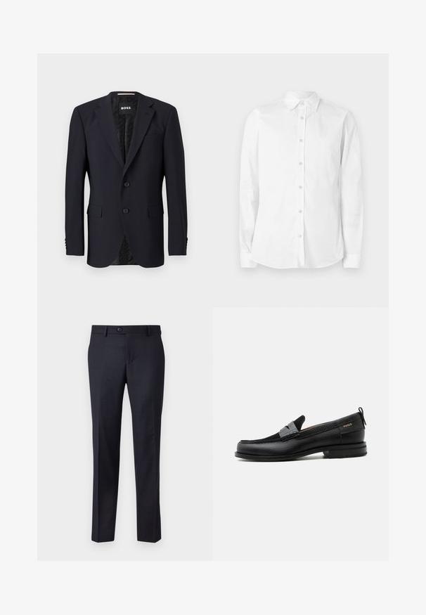 Blazer azul marino hecho de tejido texturizado, con cierre de dos botones, solapas con muesca y dos bolsillos frontales. Interior forrado con un patrón.; Camisa blanca de manga larga con botones, hecha de algodón. Presenta un cuello puntiagudo y un pequeño logo bordado en el pecho. Textura suave.; Pantalones tailored azul marino hechos de una tela texturizada con un sutil patrón de cuadros, que presentan un cierre de botón y un diseño de pierna recta.; Mocasín de cuero negro con detalle de tira gris, tacón bajo y suela texturizada, con la marca "HUGO" en oro en el lateral.