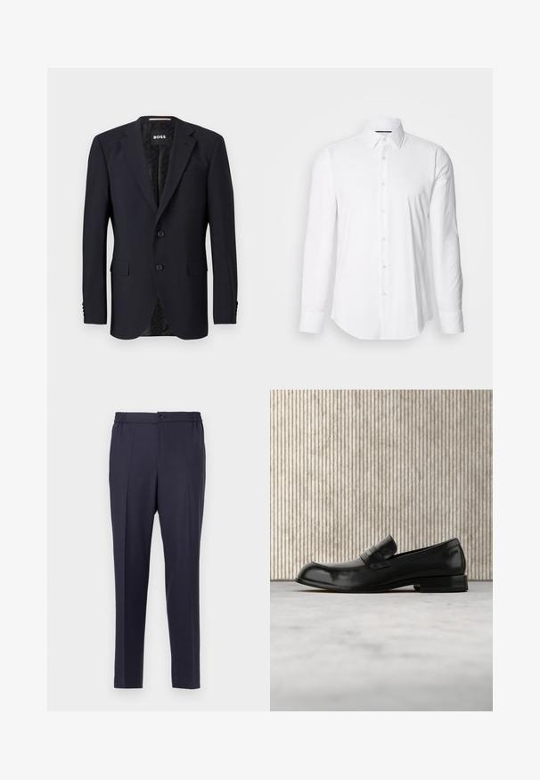 Blazer bleu marine en tissu texturé, avec une fermeture à deux boutons, des revers crantés et deux poches avant. Intérieur doublé avec un motif.; Chemise blanche à manches longues en tissu lisse, avec un col classique et une fermeture à boutons à l'avant, doté d'un ourlet arrondi. Les boutons ont une finition légèrement brillante.; Pantalon bleu marine à devant plat, taille élastique et fermeture à bouton. Coupe droite et texture lisse, adapté pour une tenue formelle ou décontractée.; Mocassin en cuir noir avec un accent métallique, présenté en lévitation au-dessus d'un tapis beige, avec une table ronde de couleur ambre en arrière-plan.