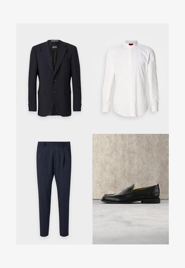 Marineblauer Blazer aus strukturiertem Stoff, mit einer Zwei-Knopf-Verschluss, Reverskragen und zwei vorderen Taschen. Gefüttertes Innenfutter mit Muster.; Weißes Langarmhemd mit hohem Kragen, aus Baumwolle. Verfügt über eine durchgehende Knopfleiste, minimalistisches Design und dezente Markenkennzeichnung am inneren Kragen.; Hose aus glattem Stoff in Marineblau, mit Falten, einem Reißverschluss und Knopfverschluss, seitlichen Taschen und einem schmalen Beindesign.; Schwarzer Herren-Slipper aus Leder mit einer krokogeprägten Vorderkappe und einem niedrigen Absatz, im Profil vor neutralem Hintergrund gezeigt.