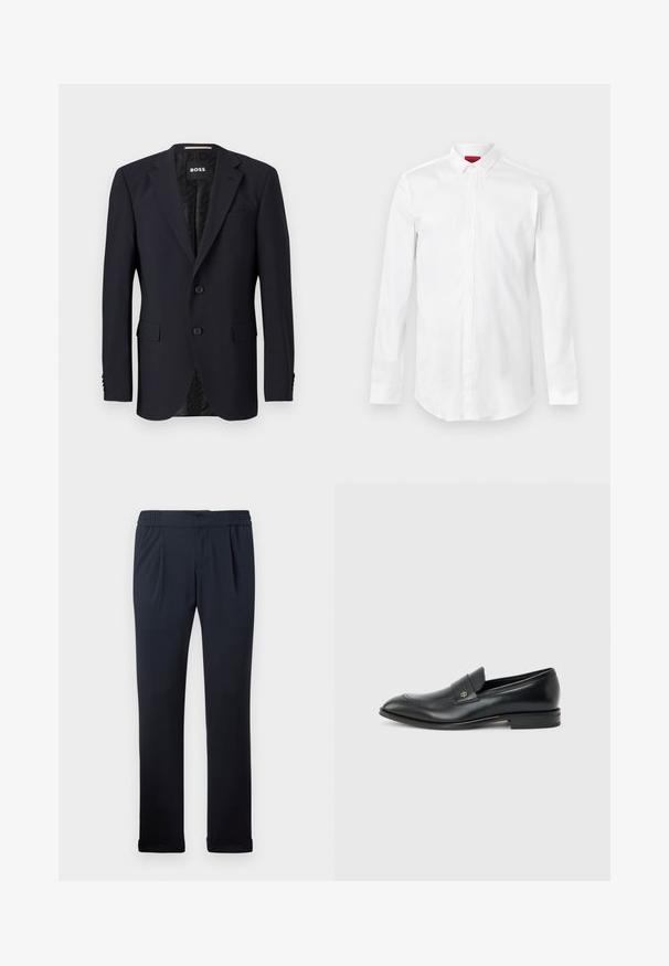 Námornícky modrý blazer vyrobený z texturovanej látky, so zapínaním na dva gombíky, klopovými goliermi a dvomi prednými vreckami. Podšívka s vzorom.; Biela dlhá košeľa s dlhým rukávom, so špicatým golierom a skrytým zapínaním na gombíky, zobrazená na jednoduchom svetlom pozadí.; Námornícke modré nohavice vyrobené z mäkkého materiálu, s elastickým pásom, záhybmi na prednej strane a manžetami na koncoch. Hladká textúra, minimalistický dizajn.; Pánska mokasína z čiernej kože s nízkym podpätkom, zaoblenou špičkou a malým kovovým logom na remienku, zobrazená z profilu na jednofarebnom pozadí.