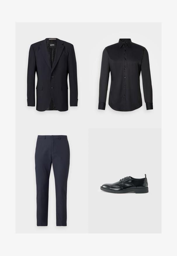 Marineblauwe blazer van textuurstof, met een sluiting met twee knopen, geknipte revers en twee voorzakken. Gevoerde binnenkant met patroon.; Zwarte button-up shirt gemaakt van gladde stof, met een klassieke kraag, lange mouwen en knoopsluiting aan de voorkant.; Marineblauwe lichte broek met een gestroomlijnd ontwerp, voorzien van een knoopsluiting, riemlussen en een zachte textuur. Strak gesneden pasvorm.; Glanzende zwarte lederen nette schoen met lage hak, vetersluiting en ronde neus, van opzij getoond tegen een effen lichte achtergrond.