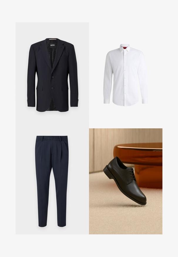 Marineblauer Blazer aus strukturiertem Stoff, mit einer Zwei-Knopf-Verschluss, Reverskragen und zwei vorderen Taschen. Gefüttertes Innenfutter mit Muster.; Weißes Herrenhemd aus glattem Stoff mit klassischem Kragen, langen Ärmeln und abgerundetem Saum. Mit eleganten beigen Knöpfen an der Vorderseite.; Hose aus glattem Stoff in Marineblau, mit Falten, einem Reißverschluss und Knopfverschluss, seitlichen Taschen und einem schmalen Beindesign.; Schwarzer Lederschuh mit geflochtenen Seitenpaneelen und Schnürsenkeln, auf einem beigen Teppich nahe einem runden braunen Tisch positioniert.