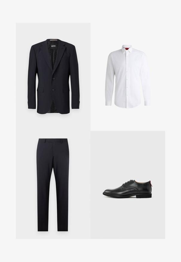 Marineblå blazer lavet af tekstureret stof, med en to-knaps lukning, klippede revers og to frontlommer. Foring med mønster.; Hvid skjorte med knapper lavet af glat stof med klassisk krave, lange ærmer og rundet kant. Har beige knapper foran.; Mørkeblå skræddersyede bukser med flad front, slim fit, sidelommer og en glat tekstur; ingen synlige mønstre eller dekorative elementer.; Sort herresko i læder med snørebånd foran og rød træktab på hælen mod en ensfarvet baggrund.