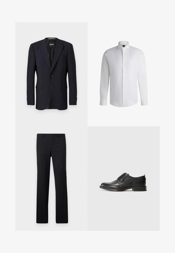 Blazer azul marino hecho de tejido texturizado, con cierre de dos botones, solapas con muesca y dos bolsillos frontales. Interior forrado con un patrón.; Camisa blanca de manga larga hecha de algodón suave, con un cuello clásico, botonera completa y puños abotonados. Diseño minimalista.; Pantalones negros ajustados con un diseño de pierna recta, pliegues marcados y un acabado suave. Fabricados en tejido ligero con una cintura limpia.; Zapato de vestir para hombre de cuero negro con cordones, tacón bajo y acabado suave, mostrado en perfil lateral sobre un fondo claro y liso.