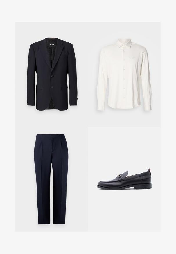Marineblauer Blazer aus strukturiertem Stoff, mit einer Zwei-Knopf-Verschluss, Reverskragen und zwei vorderen Taschen. Gefüttertes Innenfutter mit Muster.; Langärmeliges weißes Hemd aus weichem Stoff, mit Knopfkragen und gesticktem Logo auf der Brust. Glatte Textur, klassisches Design.; Marineblaue, maßgeschneiderte Hose aus strukturiertem Stoff, mit geradem Schnitt, Vorderfalten und einem klassischen Bund mit Gürtelschlaufen.; Schwarzer Lederloafer mit grauem, strukturiertem Vorderblatt, silberner Metallschnalle, niedrigem Absatz und Zuglasche hinten.