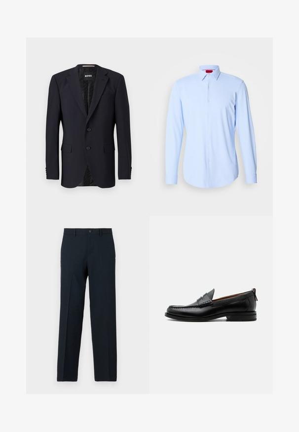 Marineblauwe blazer van textuurstof, met een sluiting met twee knopen, geknipte revers en twee voorzakken. Gevoerde binnenkant met patroon.; Lichtblauwe langarmshirt van zachte stof, met een knoopsluiting aan de voorkant, een spreidkraag en een afgeronde onderkant. Merklabel zichtbaar aan de binnenkant van de kraag.; Zwarte slim-fit broek met knoop- en ritssluiting, ceintuurlussen en rechte pijp.; Zwarte leren herensloffen met moc toe stiksel, pennyriem, gestructureerde kraag en lage gestapelde hak op witte achtergrond.
