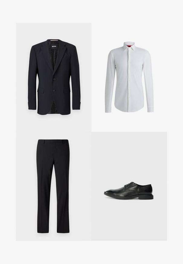 Marineblå blazer lavet af tekstureret stof, med en to-knaps lukning, klippede revers og to frontlommer. Foring med mønster.; Hvid langærmet skjorte med knaplukning og spredt krave, frontplade og afrundet kant. Fremstillet af glat stof med en subtil glans.; Sorte skræddersyede bukser med lige ben, der har en glat overflade, plissee foran og en klassisk talje for et formelt udseende.; Sort læder herresko med glat overflade, spids tå, seks snørrehuller og lav, rektangulær hæl. Diskret brandingdetalje på siden.
