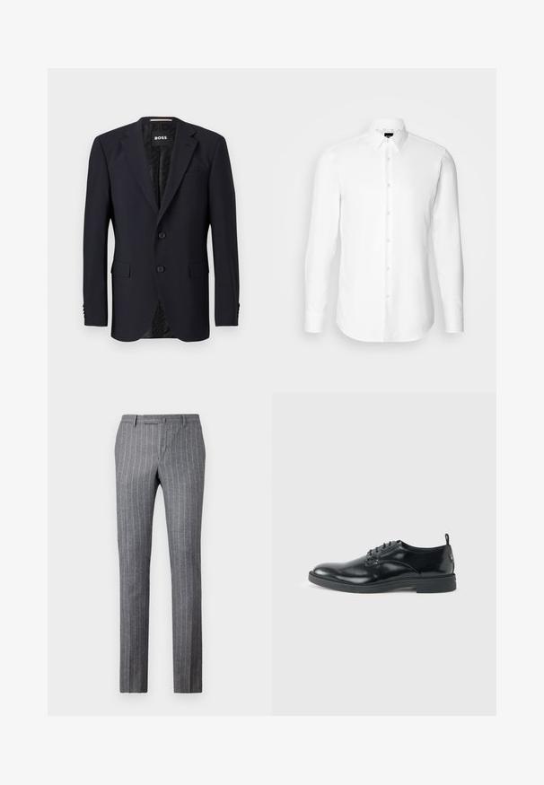 Marineblå blazer lavet af tekstureret stof, med en to-knaps lukning, klippede revers og to frontlommer. Foring med mønster.; Hvid skjorte med lange ærmer, knaplukning foran, klassisk krave, lavet af glat stof med en subtil tekstur, designet til et tætsiddende udseende.; Grå stribede bukser lavet af tekstureret stof, med et klassisk design, lige pasform og to forlommer.; Blank sort læder dresssko med lav hæl, snørelukning og rund tå, vist fra siden på ensfarvet lys baggrund.