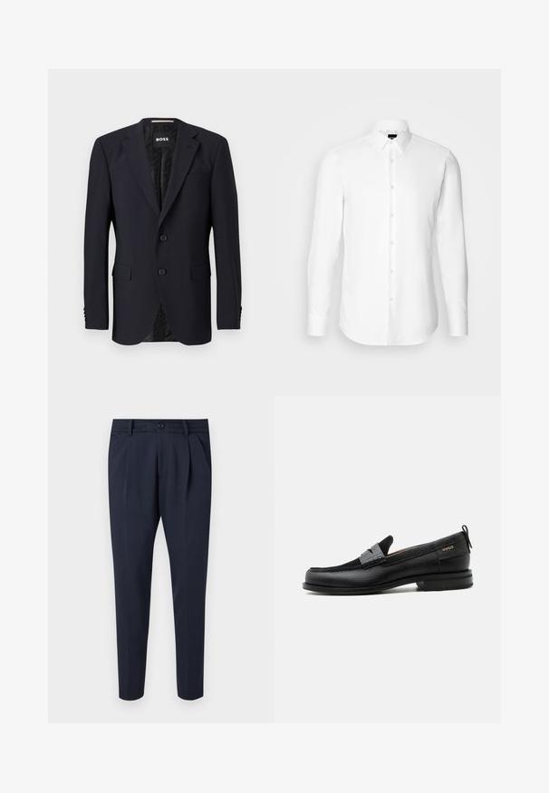 Blazer bleu marine en tissu texturé, avec une fermeture à deux boutons, des revers crantés et deux poches avant. Intérieur doublé avec un motif.; Chemise blanche à manches longues, boutonnée sur le devant, col classique, fabriquée en tissu lisse avec une texture subtile, conçue pour une coupe ajustée.; Pantalon marine en tissu lisse, doté de plis, d'une fermeture éclair et d'un bouton, avec des poches latérales et une coupe fuselée.; Mocassin en cuir noir avec détail de bride grise, talon bas et semelle texturée, marqué "HUGO" en or sur le côté.