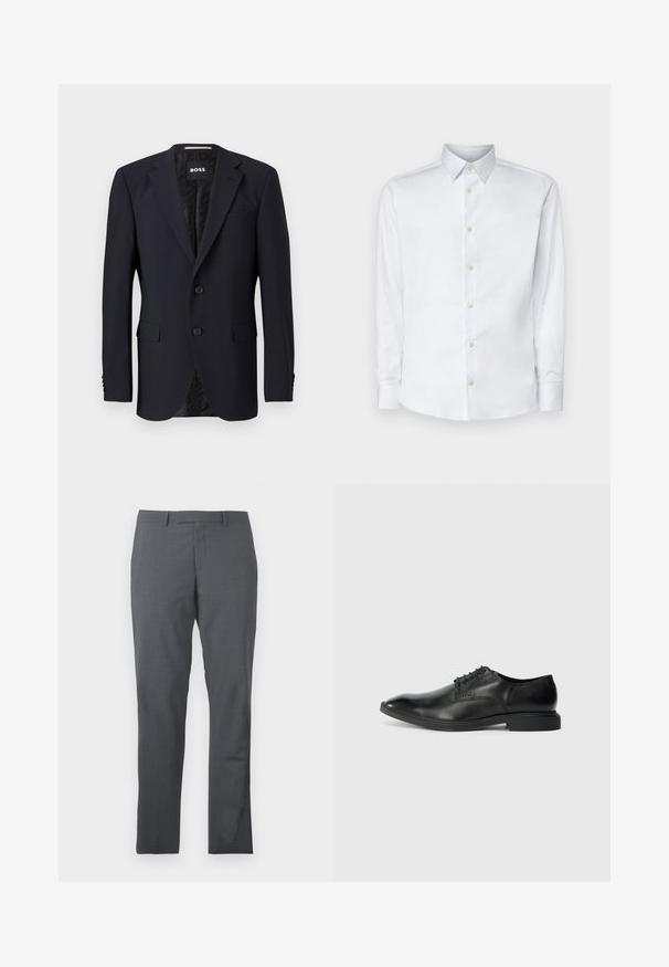 Blazer azul marino hecho de tejido texturizado, con cierre de dos botones, solapas con muesca y dos bolsillos frontales. Interior forrado con un patrón.; Camisa blanca de manga larga hecha de tela suave, con un cuello clásico, tapeta de botones y puños con botones, presentada sobre un fondo liso.; Pantalones de vestir grises con una tela suave y texturizada. Diseño slim fit, con delantero liso y sin adornos ni bolsillos visibles.; Zapato de vestir negro de cuero con una textura suave, punta afilada, diseño de cordones con seis ojales y un tacón rectangular bajo. Detalle de marca sutil en el lateral.