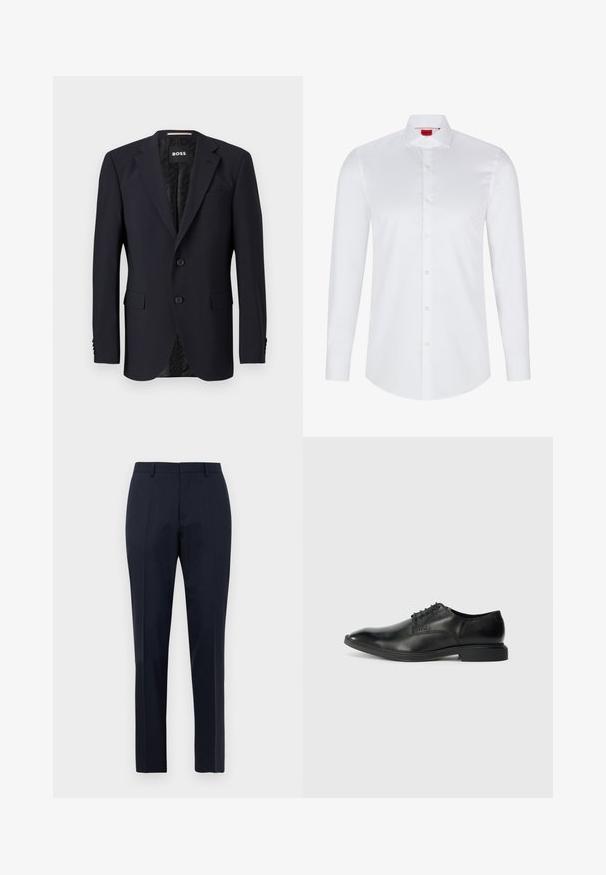 Námornícky modrý blazer vyrobený z texturovanej látky, so zapínaním na dva gombíky, klopovými goliermi a dvomi prednými vreckami. Podšívka s vzorom.; Biela košeľa s dlhým rukávom na gombíky vyrobená z hladkej bavlny. Má klasický golier, plnú gombíkovú légou a zaoblený lem.; Námorníckomodré pánske nohavice s jemným károvaným vzorom, s pútkami na opasok a predným záhybom, zobrazené spredu na bielom pozadí.; Čierne kožené šaty s hladkou textúrou, špicatou špičkou, šesť očkami na šnurovanie a nízkym obdĺžnikovým podpätkom. Diskrétny branding na boku.