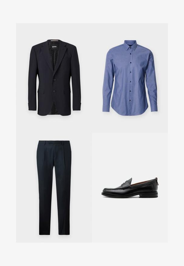 Blazer azul marino hecho de tejido texturizado, con cierre de dos botones, solapas con muesca y dos bolsillos frontales. Interior forrado con un patrón.; Camisa azul de manga larga con cuello puntiagudo y botones negros en la parte delantera, exhibida sobre un fondo blanco.; Pantalones negros a medida, confeccionados en una tela suave, con un diseño de corte ajustado, dos pliegues frontales y una cinturilla plana sin hardware visible.; Mocasín de hombre de piel negra con costura moc toe, tira penny, cuello texturizado y tacón bajo apilado sobre fondo blanco.