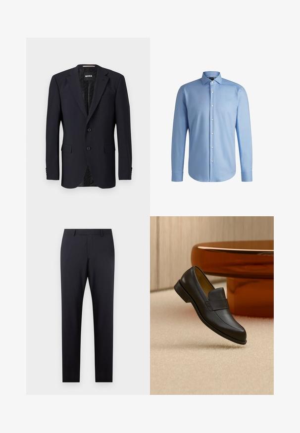 Marineblå blazer lavet af tekstureret stof, med en to-knaps lukning, klippede revers og to frontlommer. Foring med mønster.; BOSS H-JOE-SPREAD - Skjorter - light blue; Mørkeblå skræddersyede bukser med flad front, slim fit, sidelommer og en glat tekstur; ingen synlige mønstre eller dekorative elementer.; Sort læder loafers med lav hæl svævende over beige tæppe ved rundt brunt bord.
