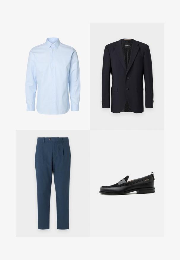 Blazer azul marino hecho de tejido texturizado, con cierre de dos botones, solapas con muesca y dos bolsillos frontales. Interior forrado con un patrón.; Camisa de hombre de manga larga en azul claro con cierre de botones y cuello estándar sobre fondo blanco.; Tommy Hilfiger HARLEM STRUCTURE - Pantalones chinos - desert sky; Mocasín de cuero negro con detalle de tira gris, tacón bajo y suela texturizada, con la marca "HUGO" en oro en el lateral.