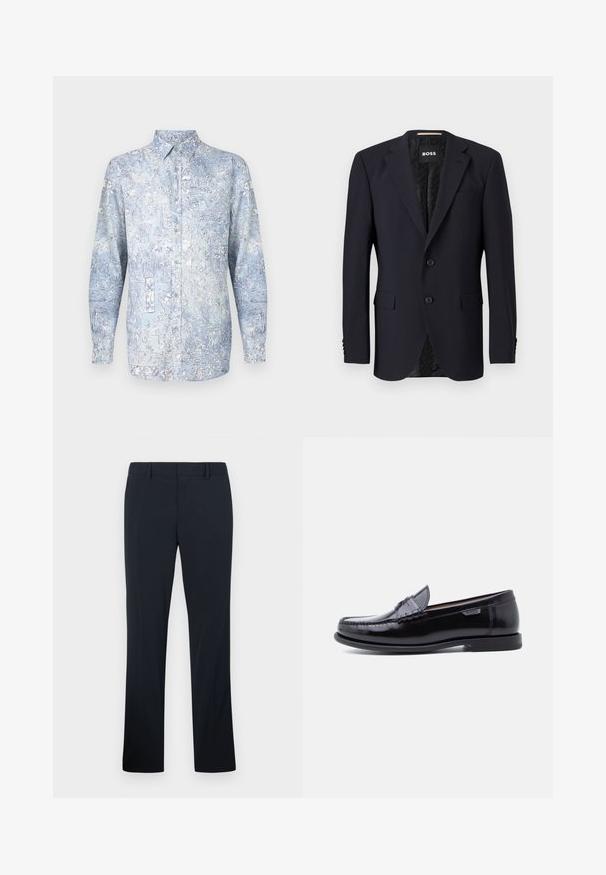 Blazer azul marino hecho de tejido texturizado, con cierre de dos botones, solapas con muesca y dos bolsillos frontales. Interior forrado con un patrón.; Camisa azul claro con botones, con patrones florales, mangas largas y cuello clásico. Hecha de tela suave con una textura lisa.; Pantalones de vestir negros de corte recto para hombre con trabillas para cinturón y cremallera frontal, mostrados sobre un fondo claro y liso.; Mocasines de cuero negro con acabado brillante, que presentan un diseño cosido en la puntera y una suela baja de goma negra texturizada.