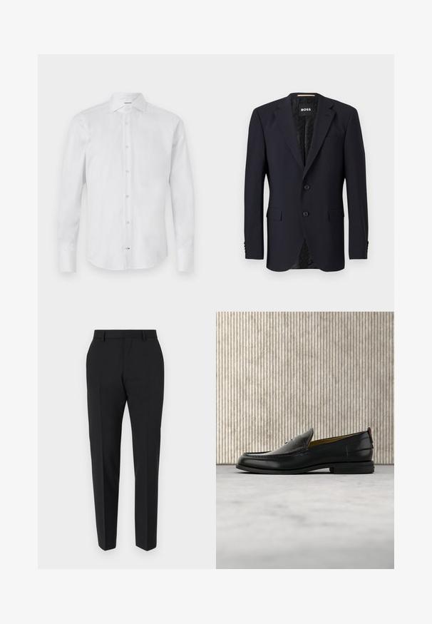 Blazer bleu marine en tissu texturé, avec une fermeture à deux boutons, des revers crantés et deux poches avant. Intérieur doublé avec un motif.; Chemise blanche à manches longues et à boutons, fabriquée dans un tissu lisse ; elle présente un col classique, une fermeture à boutons et un ourlet arrondi.; Pantalons noirs au design ajusté, avec un devant plat, des détails de plis et une coupe élégante. Fabriqués en tissu lisse pour un look raffiné.; Mocassin pour homme en cuir noir avec un dessus embossé effet croco et un petit talon, présenté de profil sur un fond neutre.