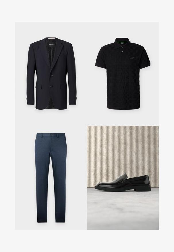 Blazer azul marino hecho de tejido texturizado, con cierre de dos botones, solapas con muesca y dos bolsillos frontales. Interior forrado con un patrón.; Polo negro de manga corta con un sutil patrón a cuadros, dos botones y el logo Porsche BOSS en el pecho izquierdo.; Pantalones azul oscuro de tejido texturizado, con corte slim, frente plano y cierre de un botón en la cintura.; Zapato loafer de cuero negro pulido flotando sobre una alfombra beige con muebles translúcidos naranjas de fondo.