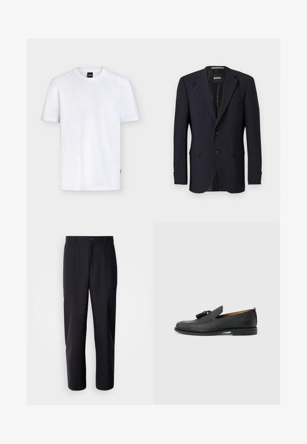 Blazer azul marino hecho de tejido texturizado, con cierre de dos botones, solapas con muesca y dos bolsillos frontales. Interior forrado con un patrón.; Camiseta blanca lisa de manga corta y cuello redondo con una pequeña etiqueta negra de la marca en el cuello y una textura sutil en la tela.; Pantalones oscuros de navy, confeccionados en un tejido suave, con un diseño de pierna recta, dos bolsillos laterales y un cierre de botón en la cintura.; Mocasín negro de cuero para hombre con borlas, punta redonda, tacón bajo y pestaña para tirar en la parte trasera, mostrado de perfil lateral sobre un fondo gris claro.