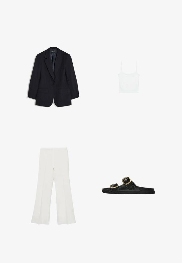 Schwarzer Nadelstreifen-Ein-Knopf-Blazer mit Kerbkragen und Pattentaschen, flach auf weißem Hintergrund präsentiert.; Stradivarius Top - white; Weiße, ausgestellte Hosen mit glatter Textur und klaren Linien, mittelhoher Taillenbund und ohne sichtbare Beschläge oder Muster.; Schwarze Riemensandale mit zwei goldenen Schnallendetails, glattem Material, flachem Sohlen und minimalistischer Gestaltung.