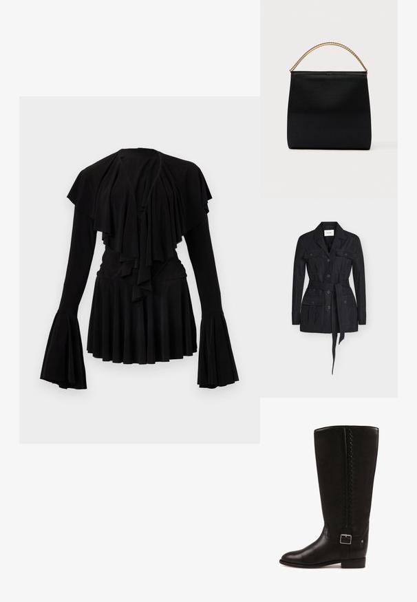 Veste noire à manches longues avec col à revers, fermeture boutonnée, quatre poches à rabat et ceinture nouée à la taille, étiquetée Ivy Oak.; Haut noir avec volants superposés au niveau de l'encolure et manches longues évasées, ourlet plissé et texture de tissu douce.; Botte en cuir noire montant au genou avec boucle latérale, surpiqûres décoratives le long de la tige et petit talon carré.; Sac noir en tissu lisse, présentant une forme structurée, une poignée en chaîne dorée et un design géométrique minimaliste.