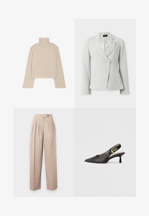 Witte getailleerde blazer met lange mouwen, gesneden revers, één knoop aan de voorkant en een borstzak, gepresenteerd op een effen achtergrond.; Beige geribbelde coltrui met lange mouwen en een slimfit ontwerp, voorzien van een hoge kraag en een gestructureerd breipatroon.; Beige wijde broek met plooi, twee metalen sluitingen bij de taille en een gladde katoentextuur. Geen zichtbare zakken.; Zwarte slingback hoge hak schoenen met een spitse neus, een gladde leren textuur en een gouden gespaccent op de band.