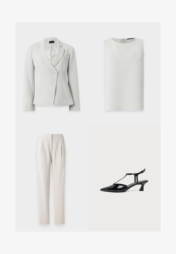 Hvid skræddersyet blazer med lange ærmer, noterede revers, én frontknap og en enkelt brystlomme, vist på ensfarvet baggrund.; Ærmeløs hvid bluse med rund halsudskæring og synlig lynlås bagpå, vist mod en enkel hvid baggrund.; Beige skræddersyede bukser i et glat, mat stof. Har folder foran og en tætsiddende talje, med lige, slanke ben.; Sort laklæder spids tå slingback sko med T-rem og lav skrå blokhæl på hvid baggrund.
