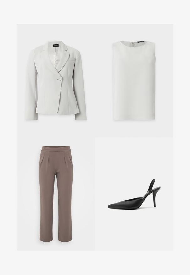 Witte getailleerde blazer met lange mouwen, gesneden revers, één knoop aan de voorkant en een borstzak, gepresenteerd op een effen achtergrond.; Mouwloze witte blouse met ronde hals en zichtbare ritssluiting op de rug, getoond tegen een effen witte achtergrond.; Taupe losvallende broek met elastische tailleband en voorplooien, gemaakt van zachte stof.; Zwarte slingback hakken met een spitse neus, van soepel leer en een strak, minimalistisch ontwerp. Hoge stilettolahak.