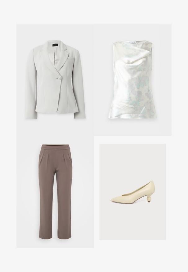 Blazer blanco entallado con mangas largas, solapas con muesca, un botón delantero y un único bolsillo en el pecho, presentado sobre un fondo liso.; Blusa blanca sin mangas de satén con sutil patrón floral en azul grisáceo y escote drapeado, etiquetada como "Tiger of Sweden."; Pantalones sueltos color topo con cinturilla elástica y pliegues frontales, hechos de una tela suave.; Zapato de tacón color crema con puntera puntiaguda y tacón bajo y único con forma de bulbo sobre un fondo blanco liso.