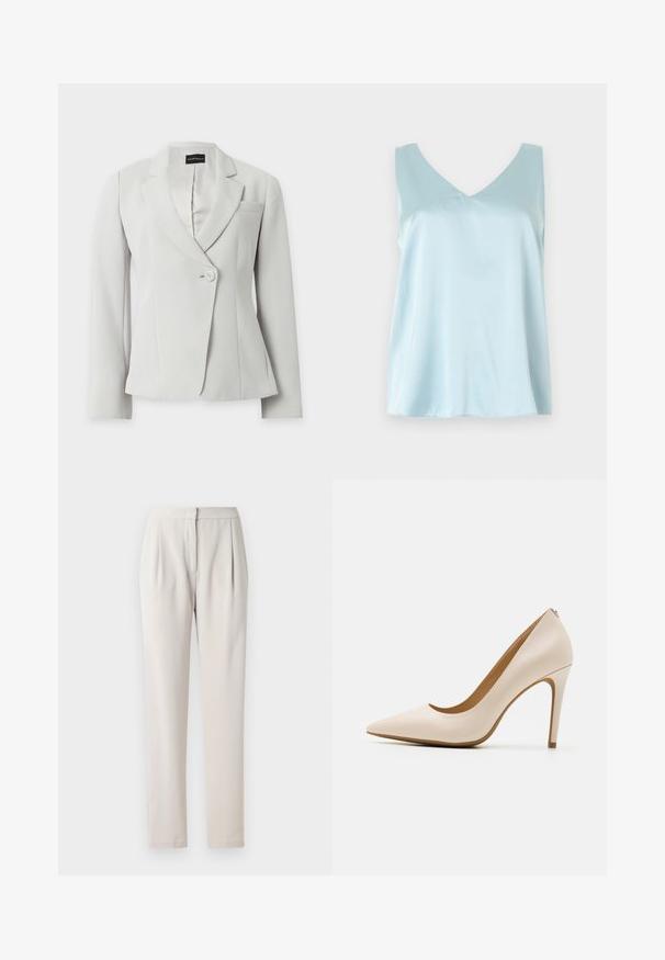 Blazer blanc cintré à manches longues, revers crantés, un bouton à l'avant et une poche poitrine, présenté sur fond uni.; Haut sans manches en satin bleu clair avec encolure en V, coupe ample et texture lisse et brillante sur un fond uni.; Pantalons beiges ajustés en tissu lisse et mat. Présentent des plis à l'avant et une taille ajustée, avec des jambes droites et slim.; Escarpin beige à talon haut, à bout pointu, finition en cuir lisse, talon stiletto mince, design minimaliste avec un détail arrière subtil.