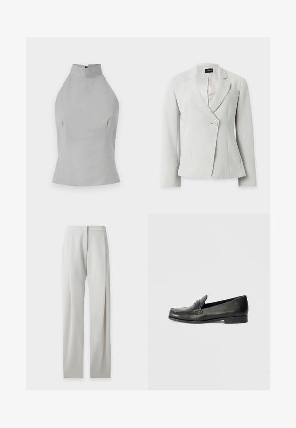 Blazer blanco entallado con mangas largas, solapas con muesca, un botón delantero y un único bolsillo en el pecho, presentado sobre un fondo liso.; Top halter gris con un cuello alto, ajuste entallado, textura suave y detalles de costura en los laterales. Sin cierres visibles.; Pantalón de vestir gris claro, entallado, de tiro alto, delantero liso, pierna recta y sin bolsillos ni adornos visibles, presentado sobre un fondo liso.; Mocasines de cuero negro con puntera redondeada, detalles de costuras elevadas y un tacón bajo apilado. Textura suave con un brillo sutil.