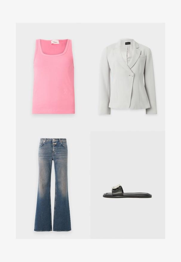 Blazer blanc cintré à manches longues, revers crantés, un bouton à l'avant et une poche poitrine, présenté sur fond uni.; Débardeur rose côtelé avec un col en U, des bretelles étroites et un petit logo dans une teinte plus claire sur le côté inférieur.; Jean en denim bleu délavé avec une taille haute, style classique cinq poches, fermeture par boutons et jambes évasées larges.; Sandale à enfiler en cuir noir avec une large bride ornée d'un accent métallique, texture lisse, semelle plate et design minimaliste.