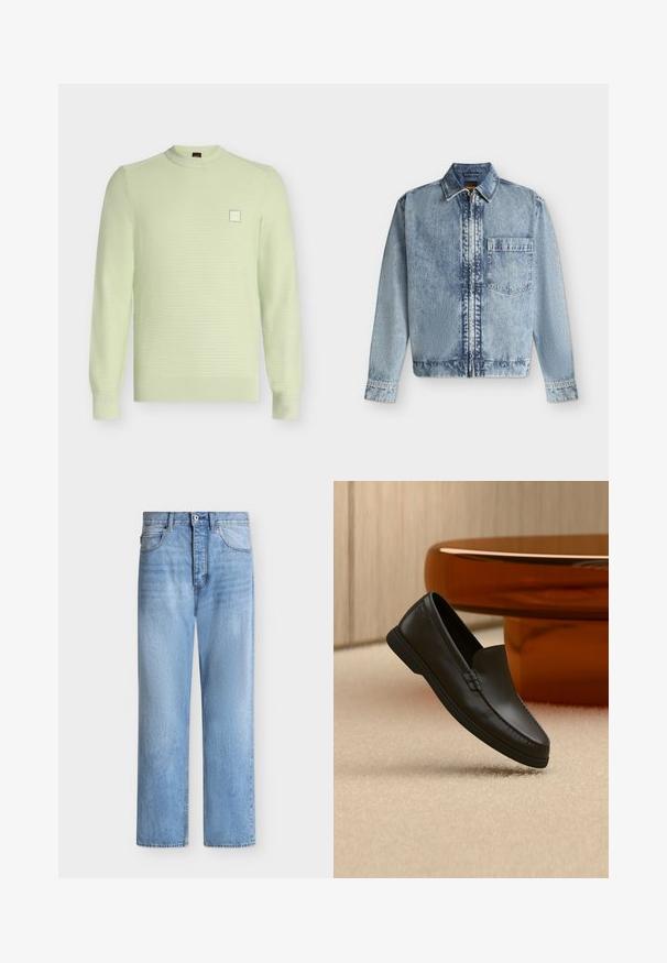 Veste en jean bleu clair avec une fermeture éclair devant, une poche poitrine, un col et des manches longues avec poignets boutonnés.; Pull en maille vert clair à col rond et manches longues, avec un motif texturé subtil et un petit patch logo carré sur la poitrine.; Jean droit en denim bleu clair avec fermeture par bouton et zip, poches avant et arrière, et passants de ceinture à la taille.; Mocassin noir en cuir sans lacets exposé sur un tapis beige à côté d'une table en verre ambré de forme incurvée dans une pièce aux tons neutres.