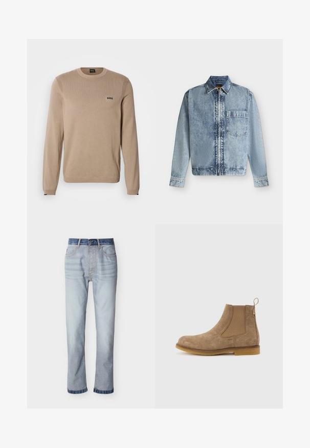 Veste en jean bleu clair avec une fermeture éclair devant, une poche poitrine, un col et des manches longues avec poignets boutonnés.; Pull en maille beige à manches longues, col rond, détails côtelés et petit logo noir « BOSS » sur la poitrine. Texture douce, coupe classique.; Jean denim bleu clair avec une ceinture bleu foncé, coupe droite, cinq poches et détails de couture visibles.; Bottine Chelsea en daim marron clair avec panneaux latéraux élastiques, languette de tirage au talon et semelle en caoutchouc.
