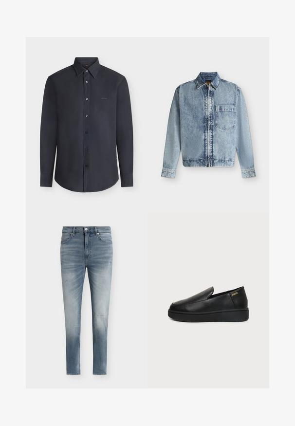 Veste en jean bleu clair avec une fermeture éclair devant, une poche poitrine, un col et des manches longues avec poignets boutonnés.; Chemise noire à manches longues boutonnée avec col, avec le logo « BOSS » sur la poitrine, présentée sur un fond clair uni.; Jean slim bleu clair délavé avec fermeture devant par bouton et zip, cinq poches et détails subtilement délavés.; Chaussure noire en cuir à enfiler avec semelle épaisse et petits trous de ventilation latéraux, avec un logo doré "HUGO" près du talon.