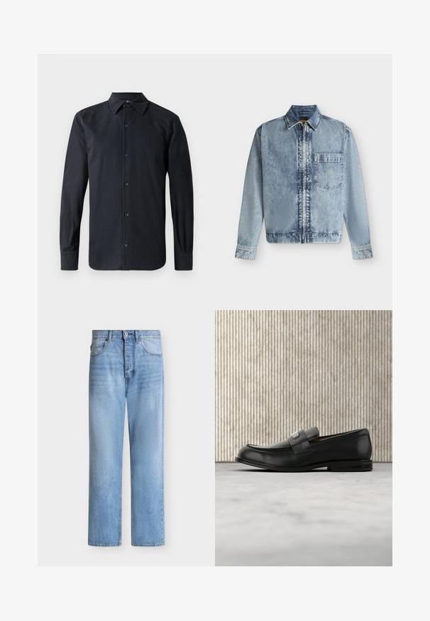 Hellblaue Jeansjacke mit Frontreißverschluss, einer Brusttasche, einem Kragen und langen Ärmeln mit geknöpften Manschetten.; Schwarzes Langarmhemd mit klassischem Kragen, vorderer Knopfleiste, aus glattem Stoff, mit geradem Schnitt und geknöpften Manschetten.; Hellblaue Jeans mit geradem Bein, Knopf- und Reißverschluss, vorne und hinten Taschen und Gürtelschlaufen am Bund.; Schwarzer Lederloafer mit einer Metallmarkenplatte, der nahe einem braunen runden Tisch auf beigem Teppichboden ruht.