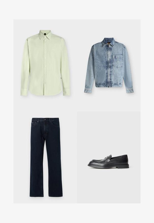 Veste en jean bleu clair avec une fermeture éclair devant, une poche poitrine, un col et des manches longues avec poignets boutonnés.; Chemise boutonnée à manches longues vert clair avec col et logo discret « BOSS » sur la poitrine, présentée sur un fond uni.; Jean droit bleu foncé avec fermeture à bouton et zip à l'avant, poches avant, et passants pour ceinture.; Mocassins en cuir noir avec une finition texturée, dotés d'une bride décorative à l'avant et d'un bout arrondi. Semelle en caoutchouc pour plus de durabilité.