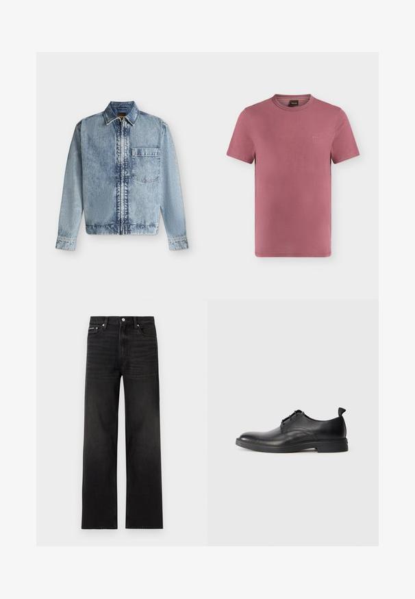 Lichtblauwe spijkerjas met een rits aan de voorkant, een borstzakje, een kraag en lange mouwen met knoopmanchetten.; Mauve T-shirt met korte mouwen en ronde hals, met klein ingebosd BOSS-logo op de linkerborst en een oranje logolabel in de kraag.; Zwarte jeans met rechte pijpen, vijf zakken, riemlussen en knoopsluiting, weergegeven op een witte achtergrond.; Zwarte leren herenschoen met veters, voorzien van een trekband op de hiel, afgebeeld in zijaanzicht op een plain witte achtergrond.
