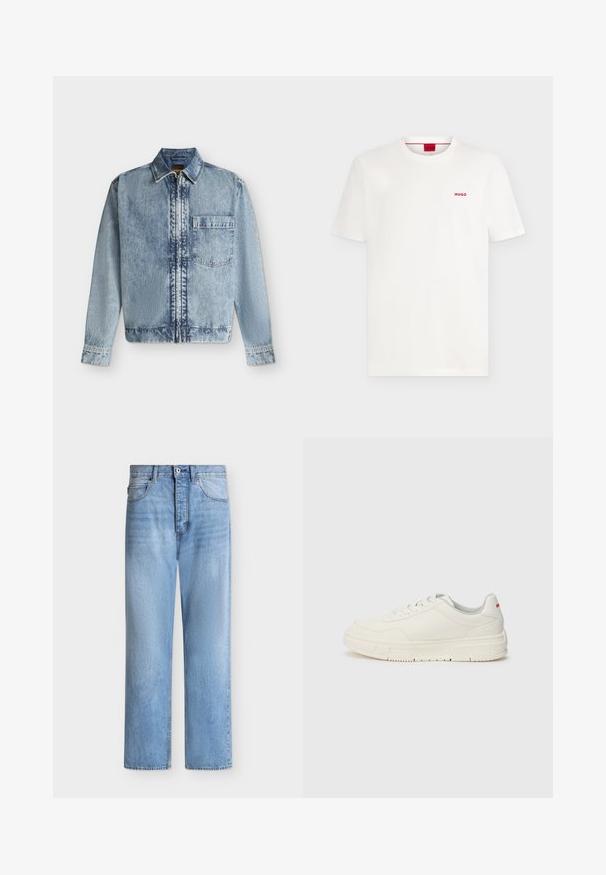 Hellblaue Jeansjacke mit Frontreißverschluss, einer Brusttasche, einem Kragen und langen Ärmeln mit geknöpften Manschetten.; Schlichtes weißes T-Shirt mit kurzen Ärmeln und Rundhalsausschnitt, kleinem roten "HUGO"-Logo auf der linken Brust und rotem Label im Kragen.; Hellblaue Jeans mit geradem Bein, Knopf- und Reißverschluss, vorne und hinten Taschen und Gürtelschlaufen am Bund.; Weißes Sneaker-Modell mit einer glatten Lederoberfläche, runder Zehenpartie, flachen Schnürsenkeln und einer strukturierten Gummisohle. Ein roter Akzent befindet sich an der Ferse.