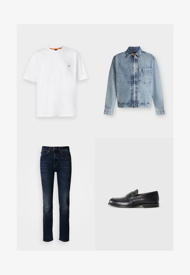 Lichtblauwe spijkerjas met een rits aan de voorkant, een borstzakje, een kraag en lange mouwen met knoopmanchetten.; Witte katoenen T-shirt met korte mouwen, ronde halslijn, met een klein zwart logo op de linkerborst en een oranje accent aan de binnenkant van de kraag.; Donkerblauwe denim jeans met een rechte pasvorm, voorzien van een traditioneel ontwerp met vijf zakken, zichtbare stiksels en een knoopsluiting aan de taille.; Zwarte leren instappers met een ronde neus, gestikte details en een vlakke rubberen zool. Heeft een brede band over de wreef.