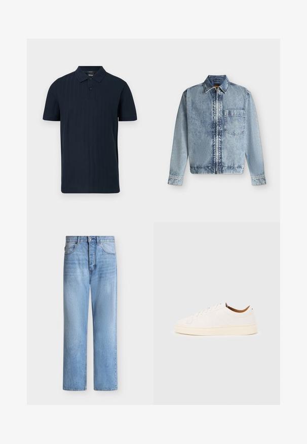 Veste en jean bleu clair avec une fermeture éclair devant, une poche poitrine, un col et des manches longues avec poignets boutonnés.; Polo bleu marine à manches courtes avec col, deux boutons et texture subtile de rayures verticales, présenté sur un fond blanc.; Jean droit en denim bleu clair avec fermeture par bouton et zip, poches avant et arrière, et passants de ceinture à la taille.; Baskets blanches basses avec un design à lacets, des détails de couture minimalistes, et une semelle couleur crème sur un fond gris clair.