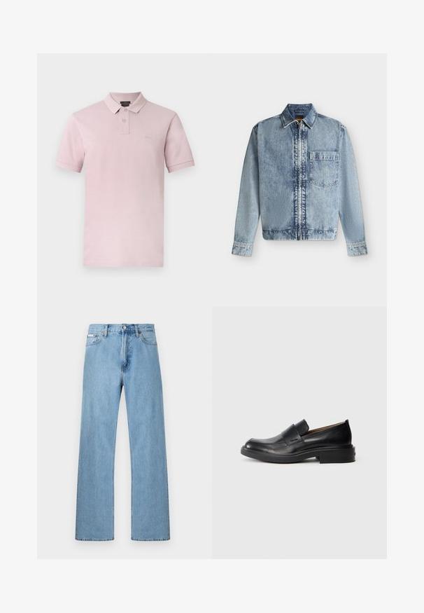 Veste en jean bleu clair avec une fermeture éclair devant, une poche poitrine, un col et des manches longues avec poignets boutonnés.; Polo rose clair à manches courtes avec deux boutons, petit écusson logo sur la poitrine et col classique sur fond blanc.; Jean en denim bleu clair coupe droite à cinq poches avec fermeture à boutons à la taille, présenté sur un fond uni.; Chaussure habillée noire en cuir, à enfiler, avec un petit talon et un logo Calvin Klein discret sur le côté, présentée de profil sur un fond blanc.