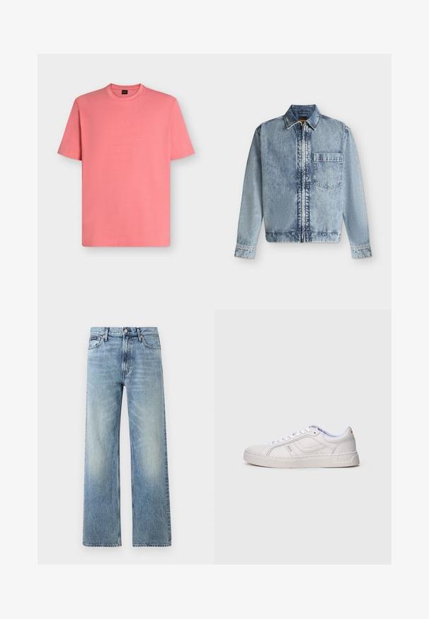 Veste en jean bleu clair avec une fermeture éclair devant, une poche poitrine, un col et des manches longues avec poignets boutonnés.; T-shirt rose corail à manches courtes et col rond avec un logo "BOSS" subtil brodé sur la poitrine, présenté sur un fond uni.; Jean droit en denim bleu clair avec taille haute, cinq poches, fermeture à boutons et léger délavage sur les cuisses et les genoux.; Baskets blanches basses à lacets, avec des détails cousus et le logo "BOSS" sur le côté et la semelle, vues de côté extérieur.