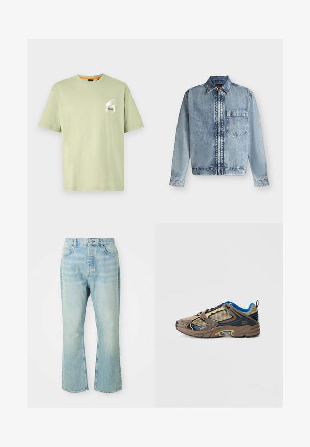 Lyseblå denimjakke med lynlås foran, en enkelt brystlomme, krave og lange ærmer med knapmanchetter.; Lys grøn bomuld t-shirt med rund hals, korte ærmer og et hvidt logo trykt på brystlommen. Glat tekstur og afslappet pasform.; Lysblå denim flared jeans med høj talje, der har fem lommer, bæltestropper og en toned vævning.; Brune og sorte atletiske sko med blå detaljer, lavet af mesh og syntetisk materiale, med en struktureret overflade og en polstret sål.