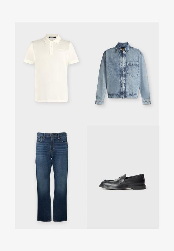 Veste en jean bleu clair avec une fermeture éclair devant, une poche poitrine, un col et des manches longues avec poignets boutonnés.; Polo blanc à manches courtes avec trois boutons, col et logo subtil sur la poitrine gauche, présenté sur un fond uni.; Jean en denim bleu foncé avec une coupe droite, présentant des coutures visibles et une ceinture standard avec une fermeture à bouton en métal.; Mocassins en cuir noir avec une finition texturée, dotés d'une bride décorative à l'avant et d'un bout arrondi. Semelle en caoutchouc pour plus de durabilité.