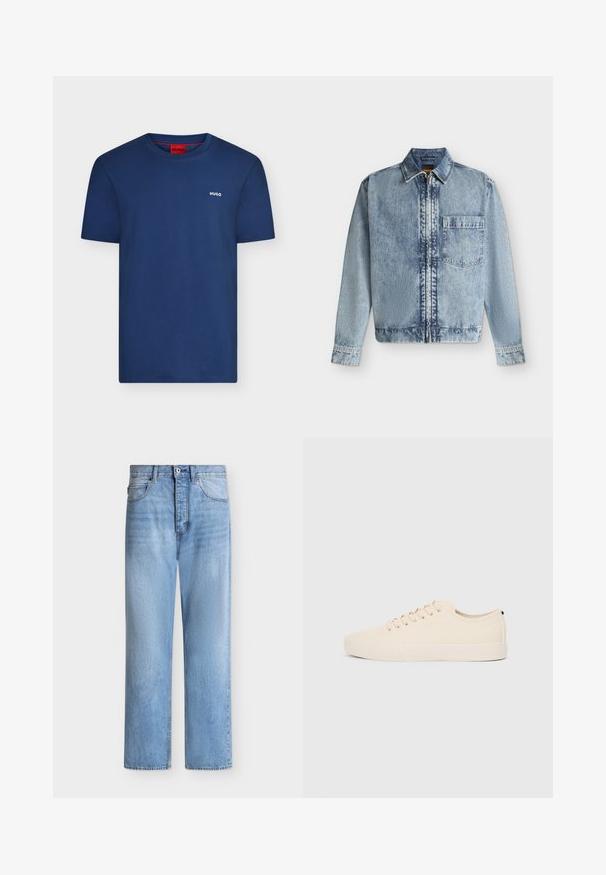 Veste en jean bleu clair avec une fermeture éclair devant, une poche poitrine, un col et des manches longues avec poignets boutonnés.; T-shirt bleu marine à manches courtes avec col rond, petit logo blanc "HUGO" sur la poitrine gauche et étiquette intérieure rouge au col.; Jean droit en denim bleu clair avec fermeture par bouton et zip, poches avant et arrière, et passants de ceinture à la taille.; Baskets en toile beige avec bout arrondi, semelle en caoutchouc plate et lacets à l'avant. Présente un design minimaliste et un accent noir contrastant au niveau du talon.