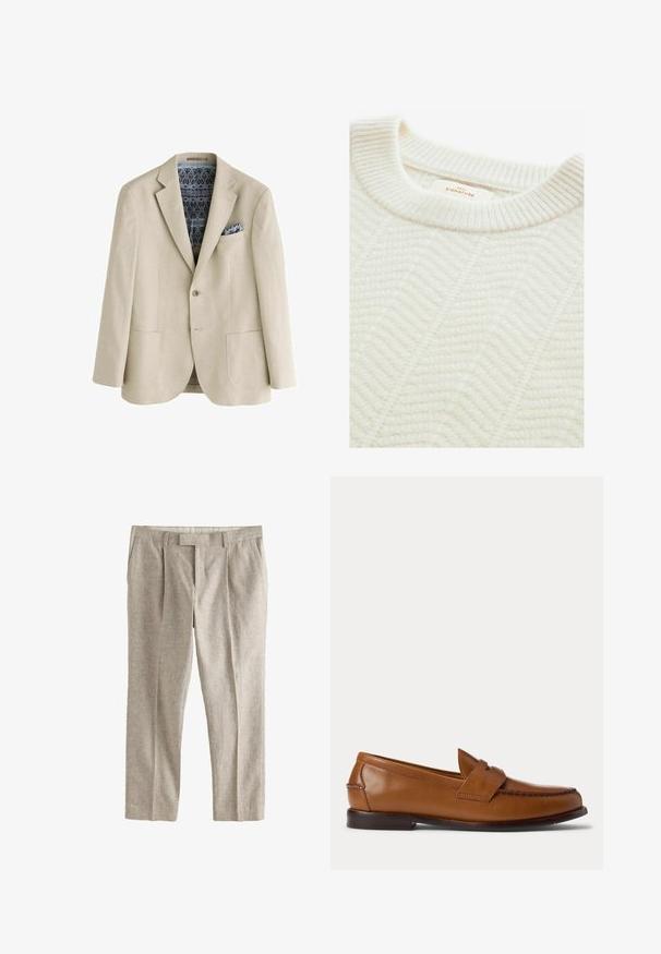 Beige blazer med to forlommer, enkelt knap, mønstret blå og sort for, og matchende mønstret lommetørklæde.; Cremefarvet strikket sweater med ribbet rund hals, der har et struktureret halvanden mønster og et mærke med teksten "NEXT SIGNATURE."; Beige linnedbukser med bæltestropper, frontplisseringer og sidelommer, vist fladt på en hvid baggrund.; Brun læder penny loafer sko med lav hæl og syninger langs fronten og siderne, vist fra siden på en hvid baggrund.