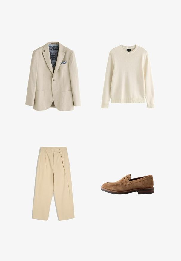 Beige blazer med to forlommer, enkelt knap, mønstret blå og sort for, og matchende mønstret lommetørklæde.; Flødefarvet langærmet strikket sweater med ribstrikket rund hals, ærmegab og kant, mærket størrelse medium fra mærket Next.; Beige bukser med høj talje, plisseringer foran, knap- og lynlås lukning og brede, lige ben.; Herre brun ruskind penny loafer med syninger og en stablet læderhæl, vist i sideprofil på hvid baggrund.