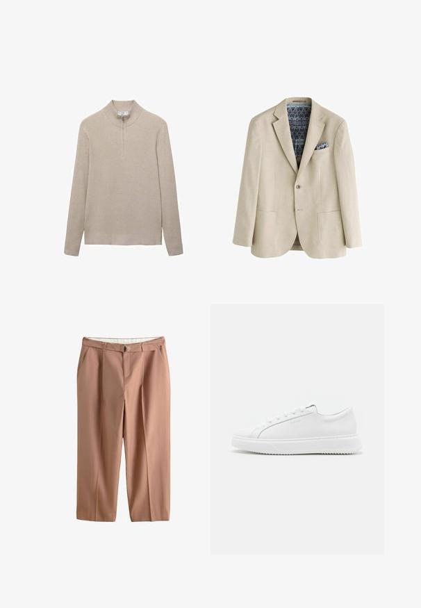 Beiger Blazer mit zwei Vordertaschen, einem Knopf, gemustertem blau-schwarzem Futter und passendem gemustertem Einstecktuch.; Beige gerippter Pullover mit hohem Kragen und halbem Reißverschluss. Lange Ärmel und ein figurbetonter Saum ergänzen das strukturierte Aussehen.; Beige Hose mit hoher Taille, Seitentaschen, vorderen Falten, Gürtelschlaufen und einem passenden Stoffgürtel mit silberner Ringschnalle.; Weiße Sneakers aus glattem synthetischem Material. Sie verfügen über ein niedriges Design, eine erhöhte weiße Sohle, eine abgerundete Zehenpartie und eine Schnürung mit fünf Ösen.